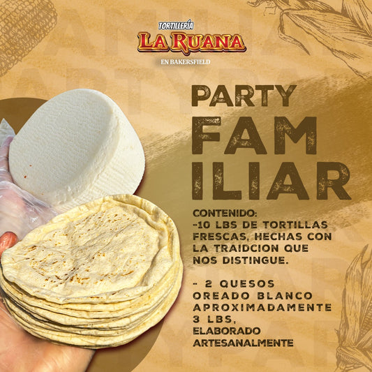 PAQUETE PARTY FAMILIAR 10 LIBRAS DE TORTILLAS 2 QUESOS BLANCOS